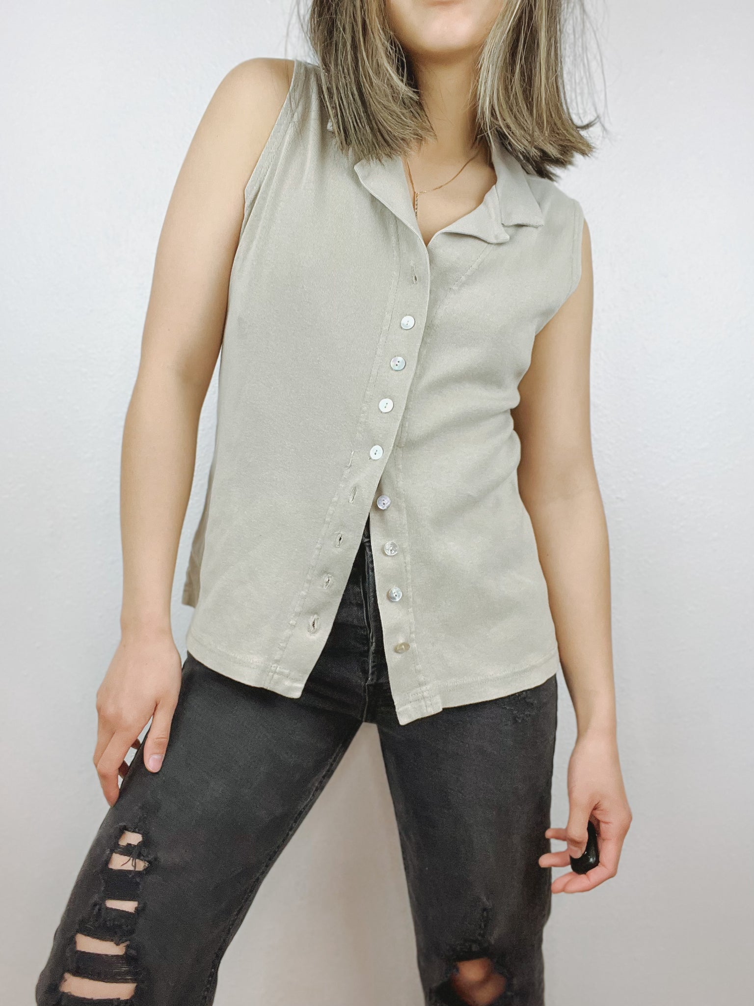 Tan Notched Button Up Top