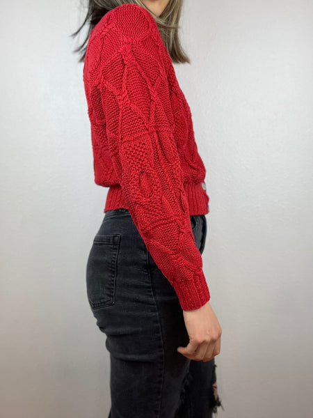 Cropped Red Knit Cardigan