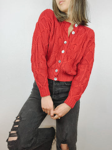 Cropped Red Knit Cardigan