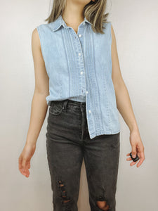 Pleated Denim Button Up Top