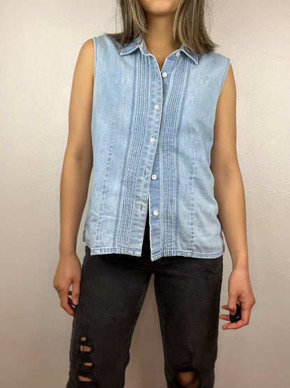 Pleated Denim Button Up Top