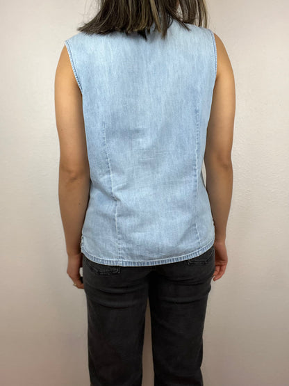 Pleated Denim Button Up Top