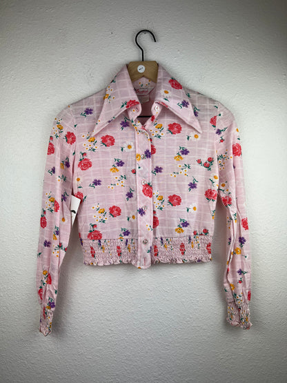 Pink Floral Cropped Collared Top