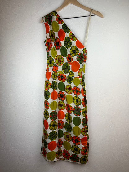 60/70s Floral One Shoulder Silk Midi Dress