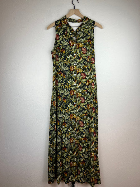 Tropical Leaves Button Up Maxi Dress