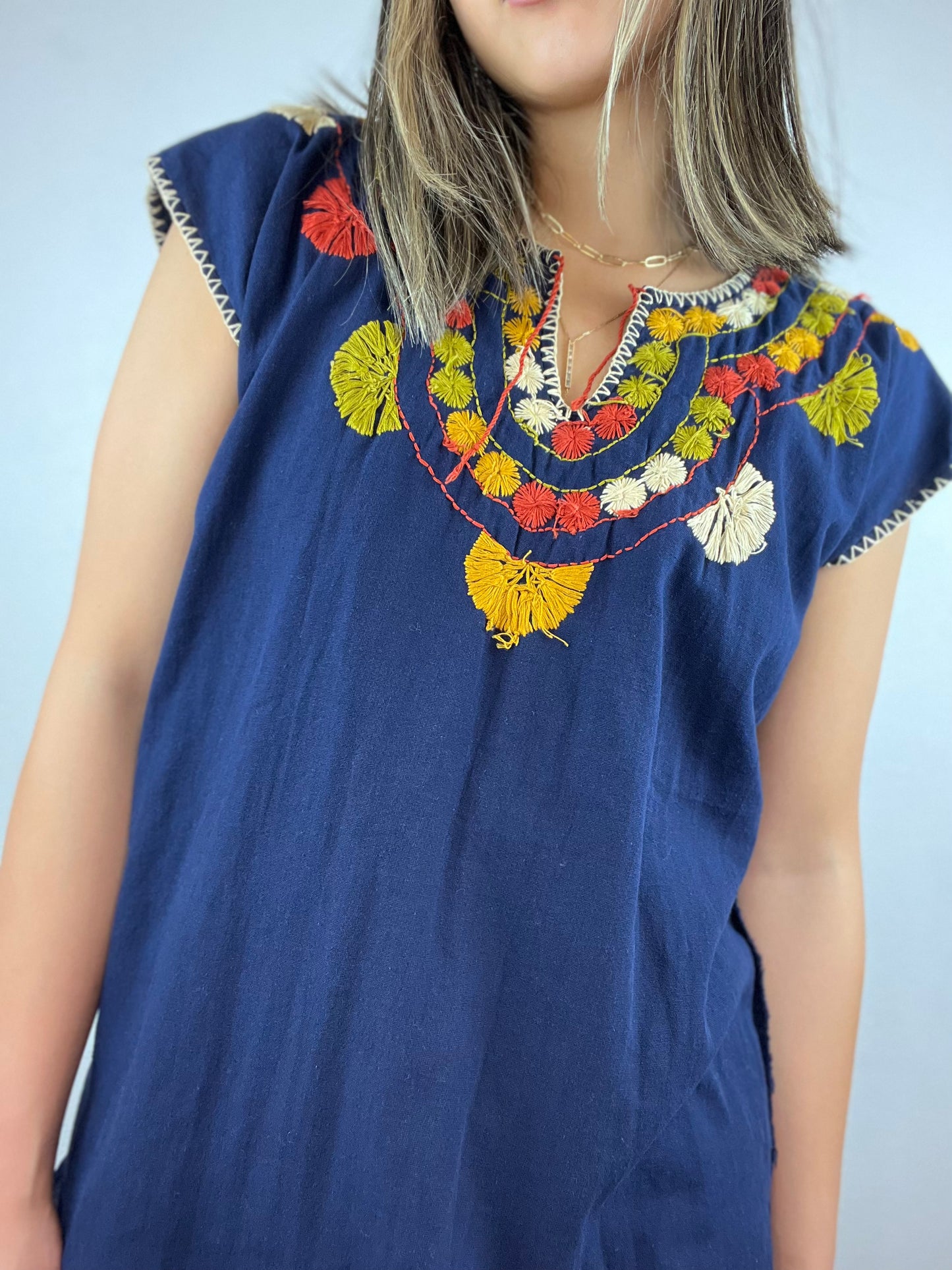 Navy Blue Cotton Embroidered Top