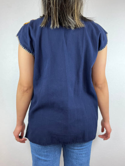Navy Blue Cotton Embroidered Top