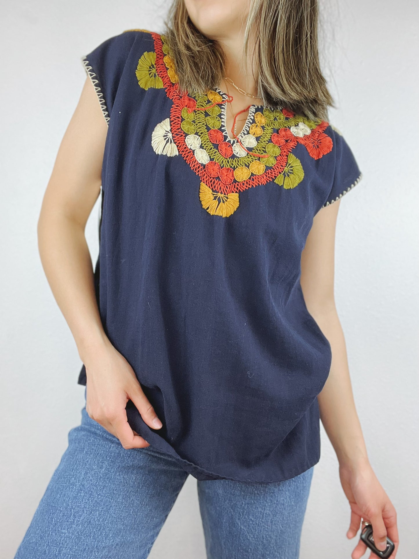 Navy Blue Cotton Embroidered Top