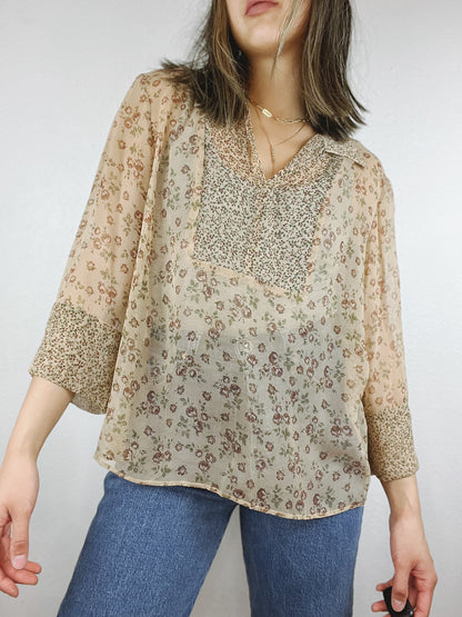 Silk Collared Floral 3/4 Top