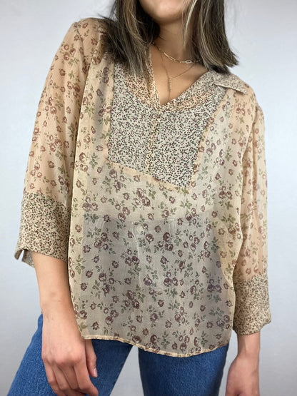 Silk Collared Floral 3/4 Top