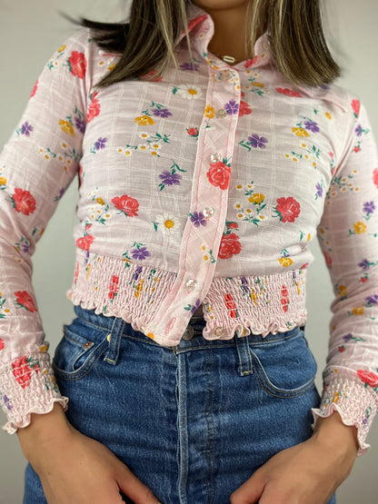 Pink Floral Cropped Collared Top