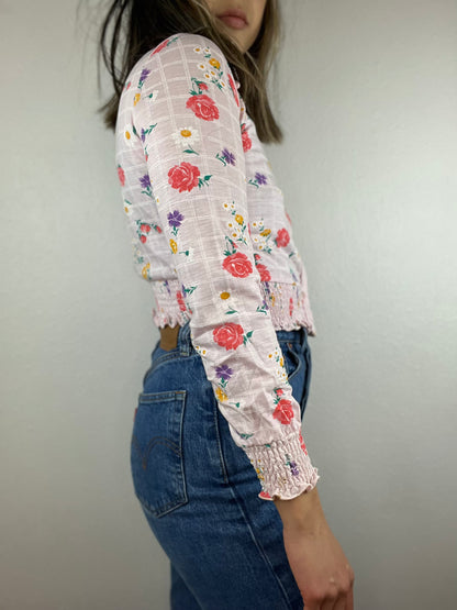 Pink Floral Cropped Collared Top