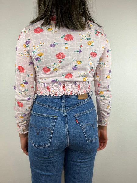Pink Floral Cropped Collared Top