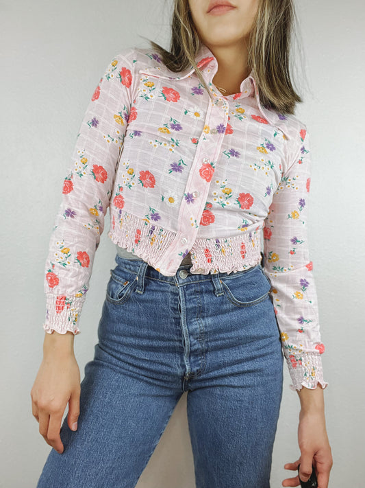 Pink Floral Cropped Collared Top