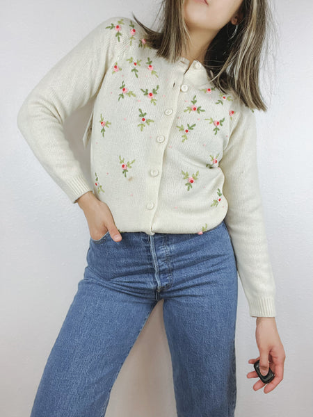 Lambswool Embroidered Rose Floral Cardigan