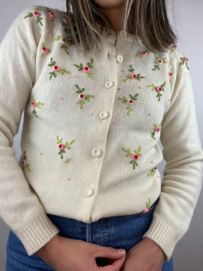 Lambswool Embroidered Rose Floral Cardigan