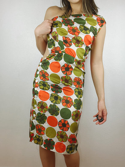60/70s Floral One Shoulder Silk Midi Dress