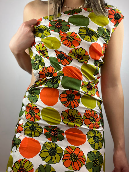 60/70s Floral One Shoulder Silk Midi Dress