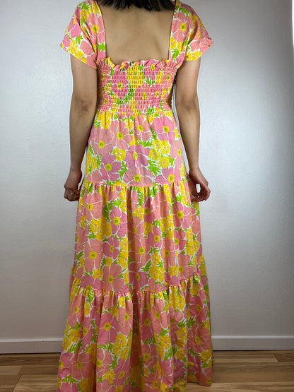 Vintage Tiered Off the Shoulder Floral Maxi Dress