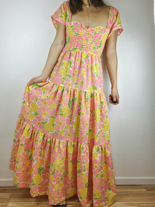 Vintage Tiered Off the Shoulder Floral Maxi Dress