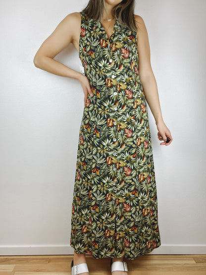 Tropical Leaves Button Up Maxi Dress