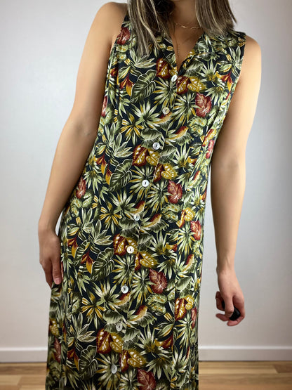 Tropical Leaves Button Up Maxi Dress