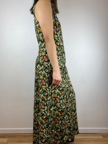 Tropical Leaves Button Up Maxi Dress