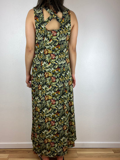 Tropical Leaves Button Up Maxi Dress