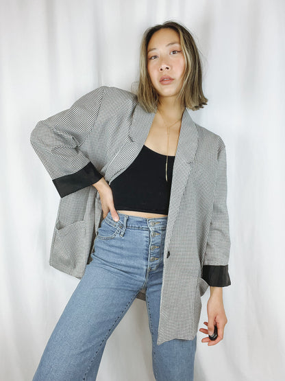 1-Button Houndstooth Plaid Blazer