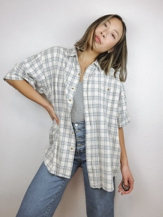 100% Raw Silk Plaid Button Up Top