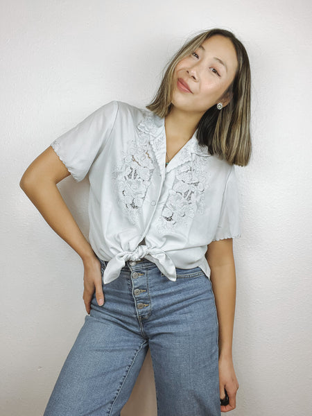 SALE Hand Embroidered Floral Button Up Top