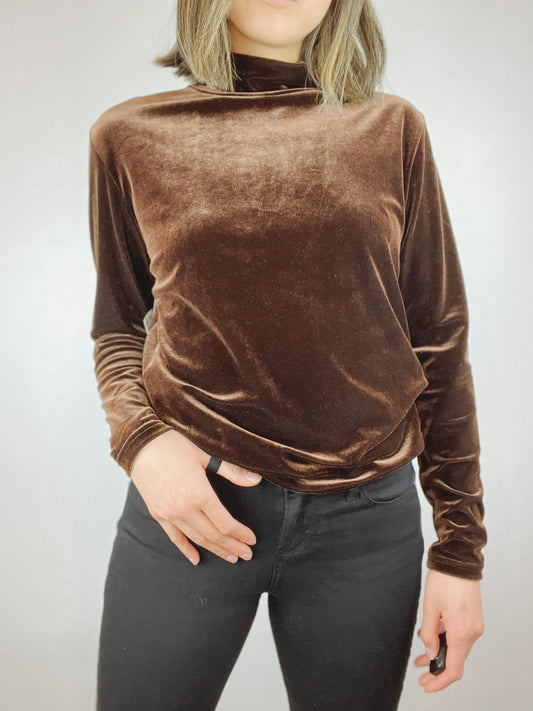 Brown Velvet Mock Neck Long Sleeve Top